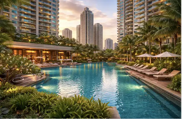 Luxury Makati condominium amenities with swimming pool and residential towers at sunset